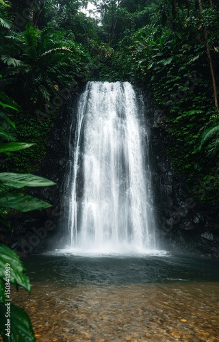 Beautiful tropical waterfall in lush green forest with clear water phone wallpaper isolated background 