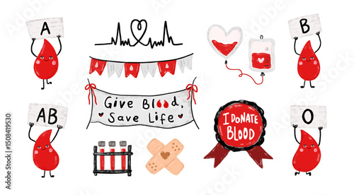 Cute set celebration happy international world blood donor day type transfusion volunteer charity save life confetti bunting flag doodle kids crayon watercolor illustration clipart sticker design