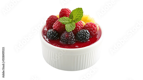 A small white ramekin holds a vibrant berry dessert, featuring raspberries and blackberries atop a red fruit isolated on transparent or white background. Generative ai