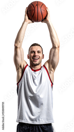 A smiling man, muscular build, in a white basketball jersey, prepares to shoot a basketball overhead against a black background.  His expression is joyful and confident