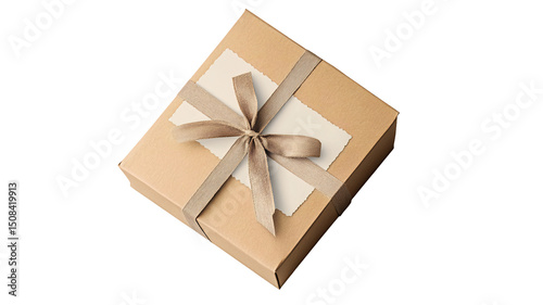 A square brown gift box with a beige ribbon tied in a bow, and a small blank card attached isolated on transparent or white background. Generative ai