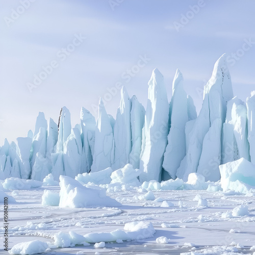 Vast icy expanse, sharp ice spires and treacherous crevasses dominate , ice sculpture, antarctic