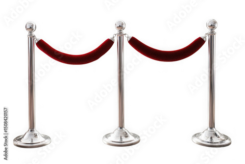 Three silver stanchions with red velvet rope isolated on transparent background