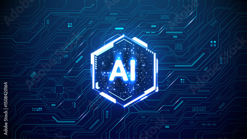Digital AI quantum chip in a hexagon light neon HUD frame on circuit board tech background. Futuristic AI semiconductor concept. Abstract artificial intelligence processor with lightning elements. 