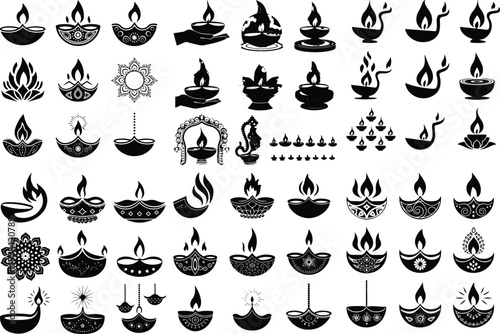 Diwali Diyas Silhouette Set – Festival of Lights Vector Icons Traditional Diya Silhouettes – Indian Diwali Celebration Graphic Set