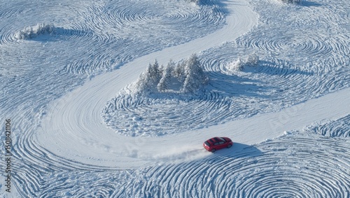 Aerial view of a red car drifting on a snowy track with winter trees nearby
