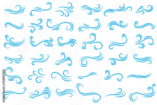 Doodle wind line sketch set. Hand drawn doodle wind motion, air blow, swirl elements. Sketch drawn air blow motion, smoke flow art, abstract line. Isolated vector illustration.