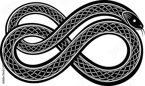 Infinity snake, mystical serpent curled up in shape of infinity sign, celestial eight knot symbol, Ouroboros, a serpent with a cosmic pattern on its back coiled in a ring around planet Earth
