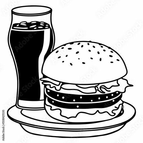 Delicious fast food meal: classic beef burger with cheese, lettuce, and tomato on a sesame bun, served with a refreshing drink