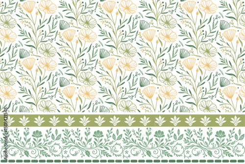 cotton flower seamless sketch, one line fashion border print, floral texture wrapping idea, modern textile with rose, hand drawn pattern design

