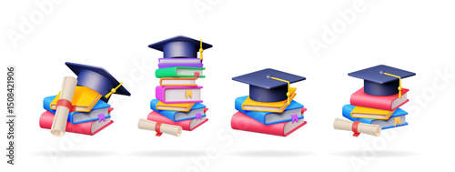 3d vector set collection of academic graduation caps, colorful book icon, and diploma scroll. Education and learning background.
