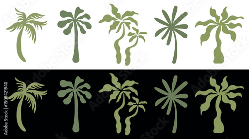 Tropical Palm tree Stencil Set. Modern Palm tree Graphics. Vector illustration isolated on black and white background.