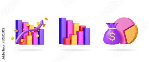 Financial chart set showing money bag, rising bar graph, and pie chart. Investment growth concept for business data visualization.