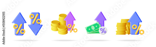 Set of 3d vector illustrations showing financial growth with percent symbols, coins and currency notes on white background for business report.