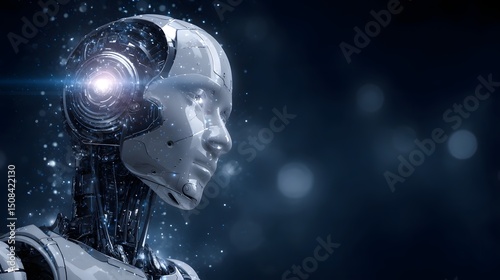 Wallpaper Mural A sleek minimalist cyborg with a glowing ethereal robotic face set against a serene contemplative backdrop of a dark starry cosmos Torontodigital.ca