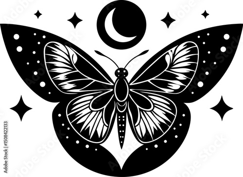 Mystical Crescent Moon and sacred butterfly with Stars Moon Phases logo design, abstract mystic black vector line design elements