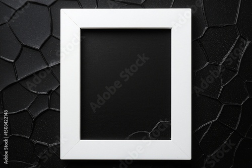 An empty white frame whispers against a dark textured wall inviting creativity and space for