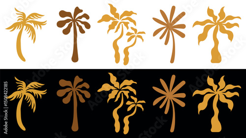 Colorful Tropical Palm Tree Silhouettes Set. Exotic Gradient Coconut Tree Icons on Light and Dark Backgrounds.