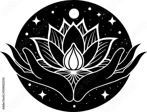 Mystical Hand Embracing a Sacred Lotus flower with Stars logo circle design.