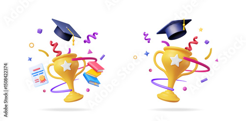 3d vector set collection of graduation cap, golden trophy cup and books with confetti elements for education award.