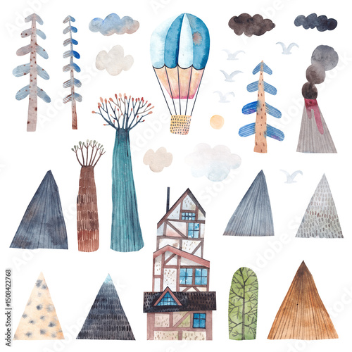 Wallpaper Mural Set of cute nature elements for your design. Watercolor illustration. Decor for children's room. Torontodigital.ca