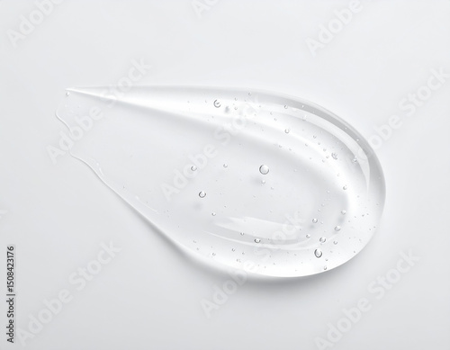 Smooth Gel Swipe with Tiny Bubbles on Glossy White Surface — Clean Skincare Macro Texture	
