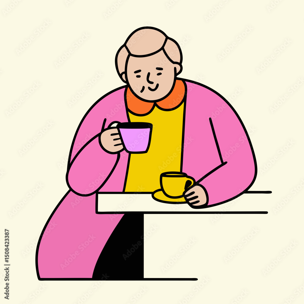 Elderly woman sitting at table drinking tea or coffee, relaxed in pink cardigan and yellow top, enjoying quiet moment with warm beverage in simple indoor setting Elderly woman sitting at table drinking tea or coffee, relaxed in pink cardigan and yellow top, enjoying quiet moment with warm beverage in simple indoor setting