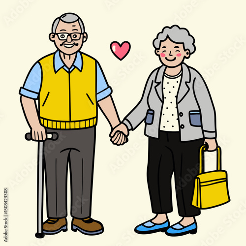 Elderly couple holding hands, smiling with love hearts above, walking with cane and handbag in casual clothing, showing affection and strong bond