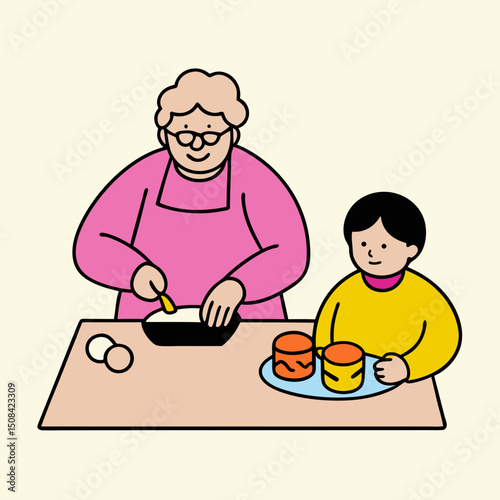  Elderly woman baking cookies with young child, sharing happy moments and family bonding in a warm kitchen setting
