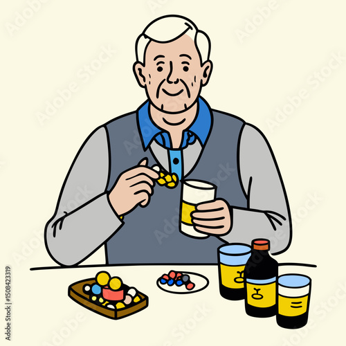  Elderly man taking vitamins with glass of water, smiling and healthy, surrounded by medicine bottles, wearing gray vest and blue shirt in kitchen setting