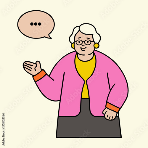 Elderly woman explaining or speaking with speech bubble icon above her hand, wearing glasses and pink cardigan, showing communication and social interaction