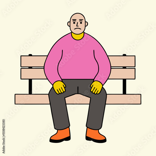 Elderly man sitting alone on park bench wearing pink sweater and gray pants, looking thoughtful and calm in quiet outdoor setting