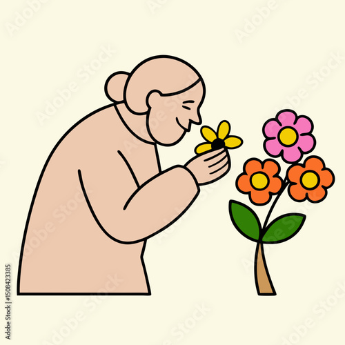 Elderly woman smelling colorful flowers with joy and appreciation, wearing beige sweater and pink skirt, enjoying nature and peaceful moment