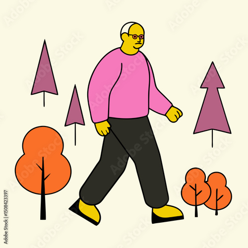 Elderly man walking outdoors among autumn trees wearing pink sweater and black pants for fitness and fresh air