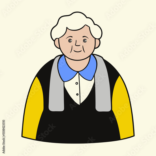 An elderly woman with white hair wearing a black and yellow sweater, smiling warmly. The illustration highlights senior happiness, warmth, and positive emotion.
