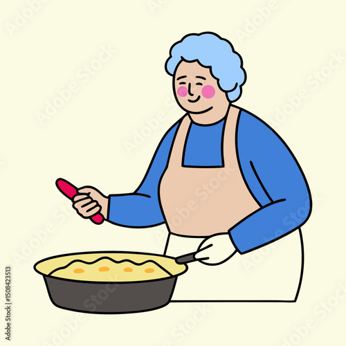 An elderly woman cooking in the kitchen, stirring food in a large pan while wearing an apron. The image represents nutrition, home cooking, and senior activity.