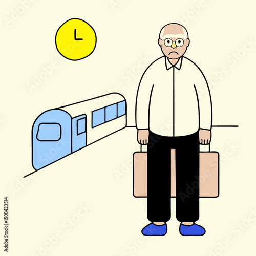 An elderly man waiting at a train station with luggage under a clock, symbolizing travel, patience, and senior mobility.
