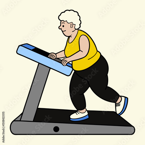 An elderly woman running on a treadmill indoors, wearing sportswear. The illustration highlights fitness, health, and active senior lifestyle.