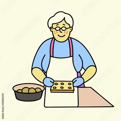 An elderly woman baking cookies, wearing an apron and gloves, carefully placing dough on a baking sheet. The image symbolizes cooking hobby, care, and senior activity.