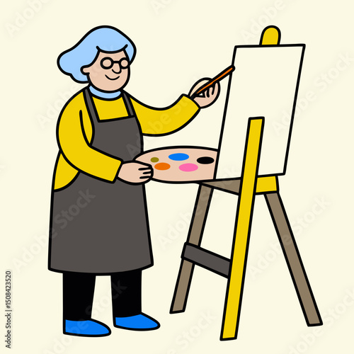 An elderly woman painting on a canvas with a palette and brush, expressing creativity and engagement in artistic hobbies during senior years.