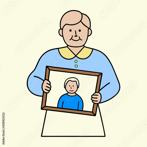 An elderly man holding a framed photo of a younger person, smiling warmly. The image represents family memories, love, and emotional connection across generations in senior life.
