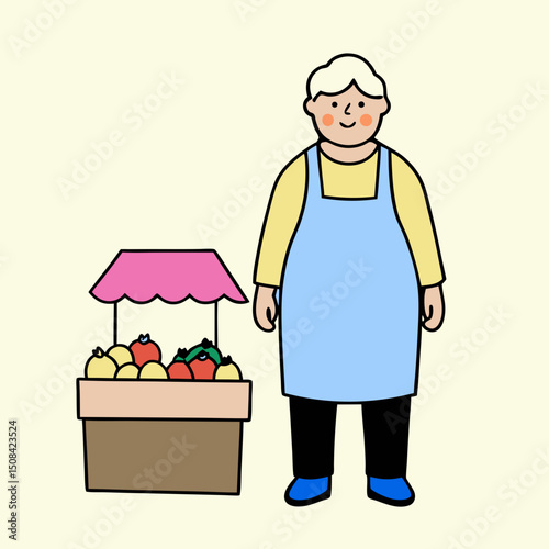 An elderly woman standing next to a fruit stand filled with fresh produce, smiling warmly. The vector image represents health, nutrition, and active senior lifestyle.