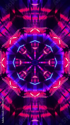 Flying between red and blue fluorescent lights. Kaleidoscope Vertical looped video