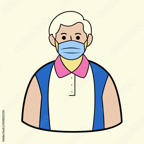 An elderly man wearing a face mask, symbolizing health safety, protection, and pandemic precautions in a simple vector style.