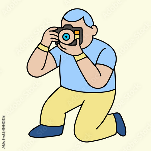 An elderly man kneeling and taking a photograph with a camera, symbolizing creativity, hobbies, and active senior lifestyle.