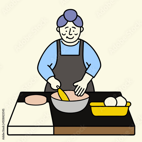 An elderly woman stirring ingredients in a bowl at the kitchen counter, symbolizing cooking hobby, nutrition, and active lifestyle in senior years.