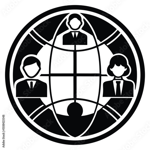 Group of business people around the globe icon on white background