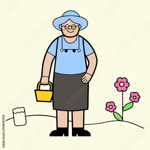 An elderly woman wearing a sun hat holding a yellow watering can near blooming flowers, symbolizing gardening hobby, nature love, and active senior lifestyle.