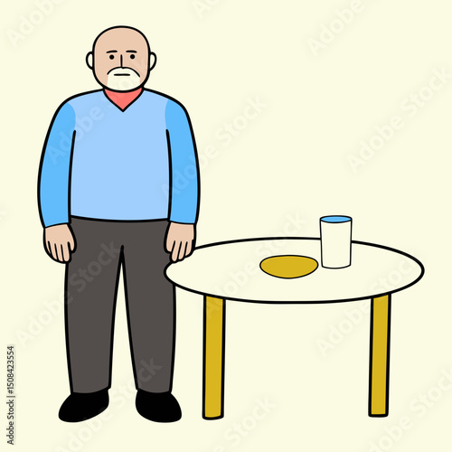 An elderly man stands next to a round table holding a glass of milk and a plate, symbolizing daily routine, nutrition, and senior wellbeing in a simple illustration.