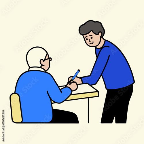 An elderly woman assisting an elderly man with a writing task, showing support, cooperation, and positive social interaction in senior life.